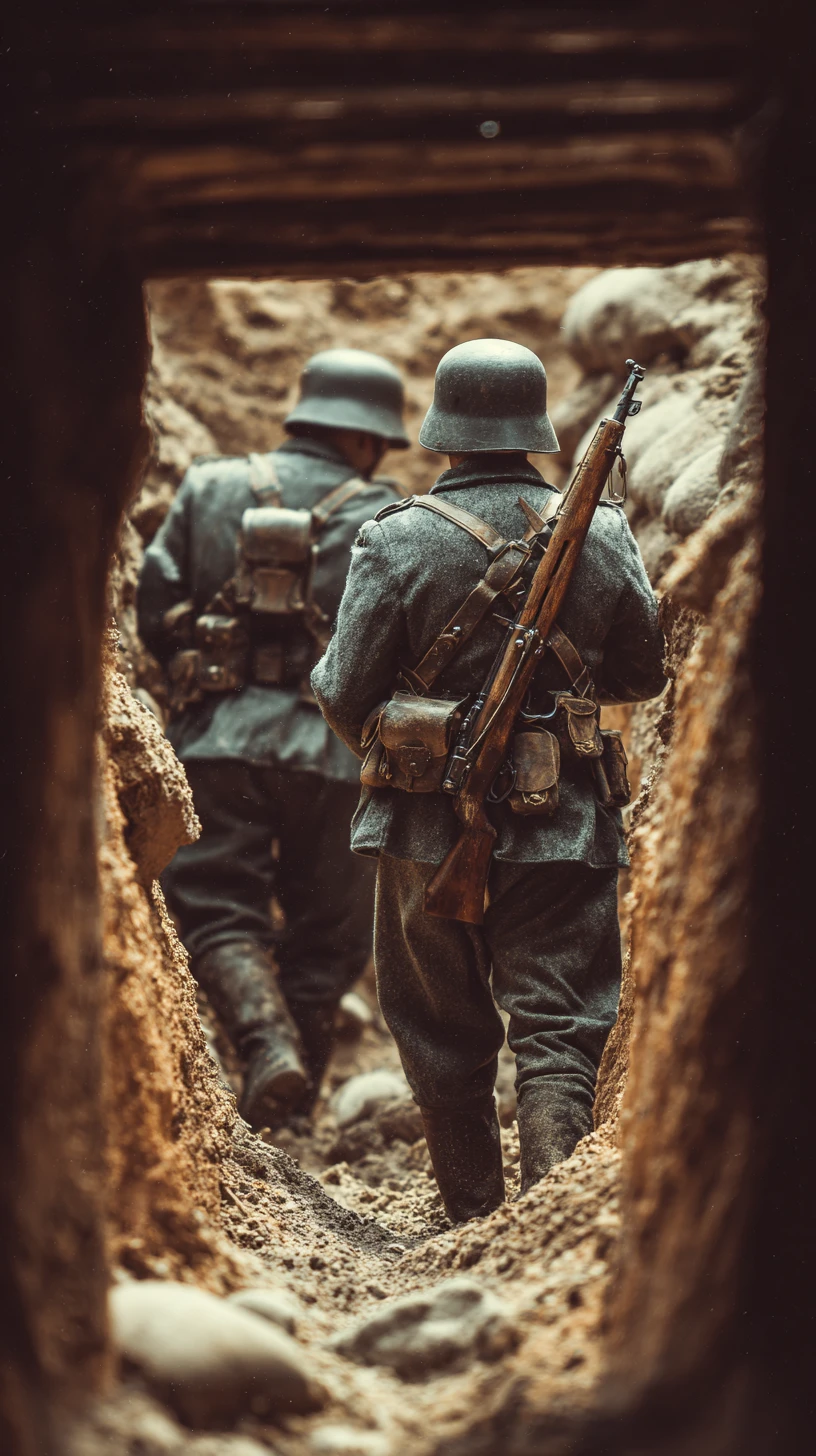 Zwei deutsche Soldaten im Schützengraben während einer Weltkriegsschlacht