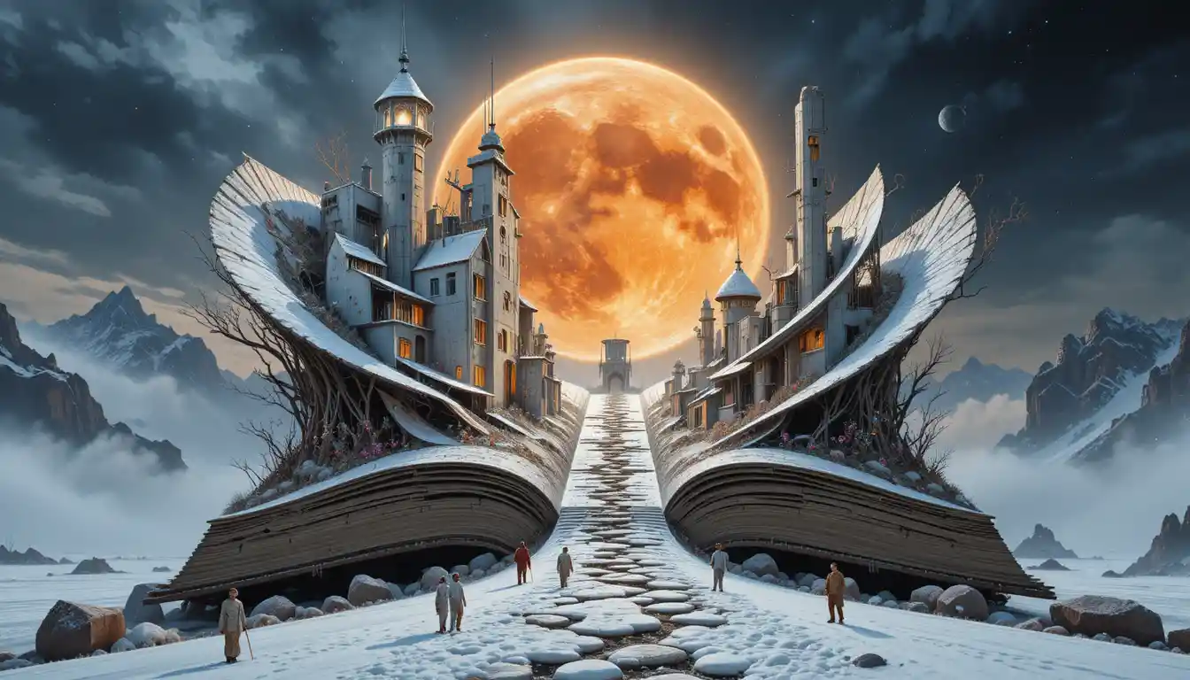 Torres blancas futuristas en un mundo alienígena nevado al amanecer