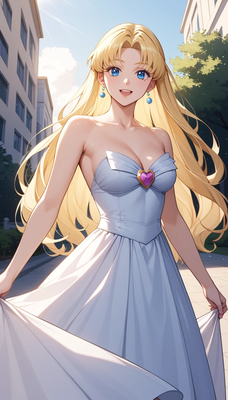 Blondes Anime-Mädchen lächelt in einer Goldene-Stunde-Outdoor-Szene