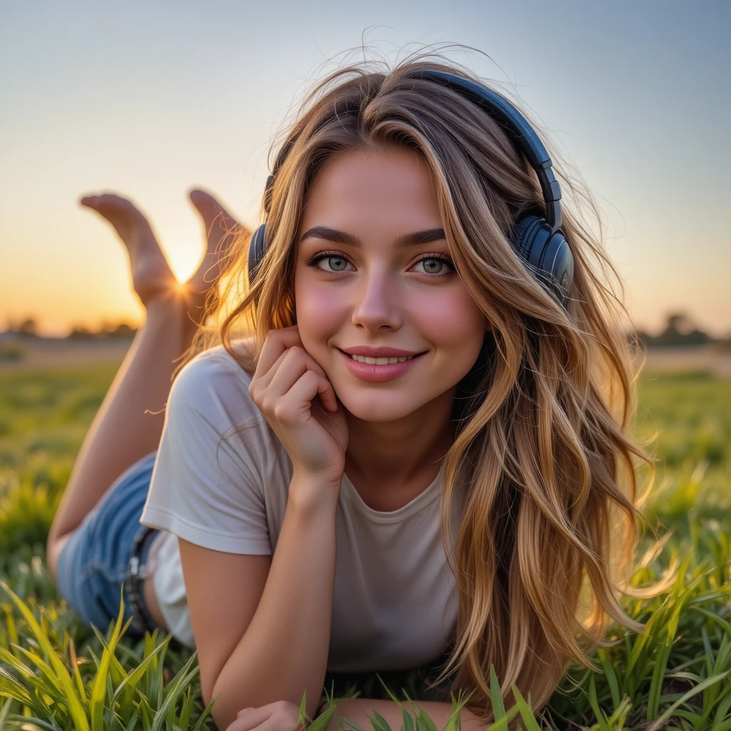 Happy girl lying on grass with headphones at sunset