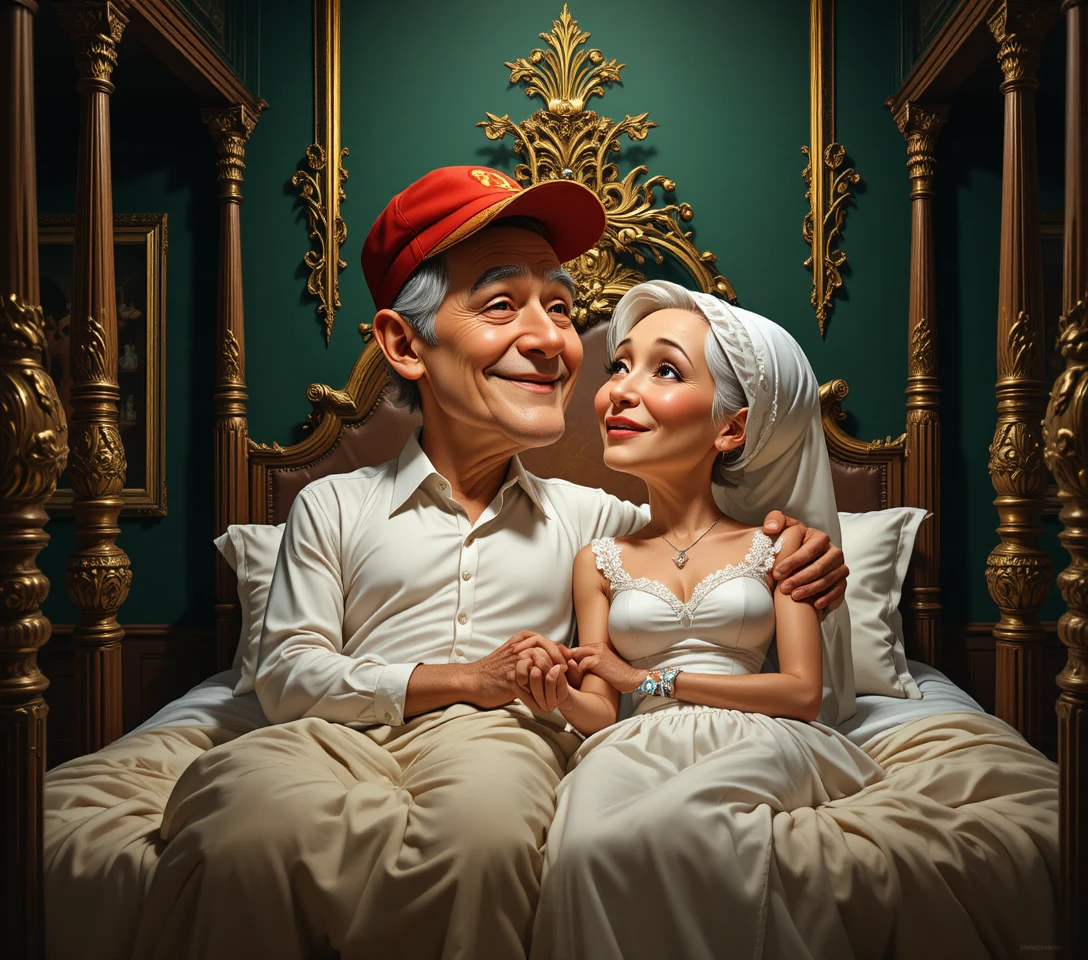 Couple âgé se reposant ensemble sur un luxueux lit à baldaquin
