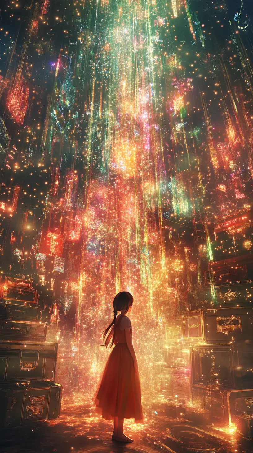 Anime girl dancing in a luminous fantasy treasure realm