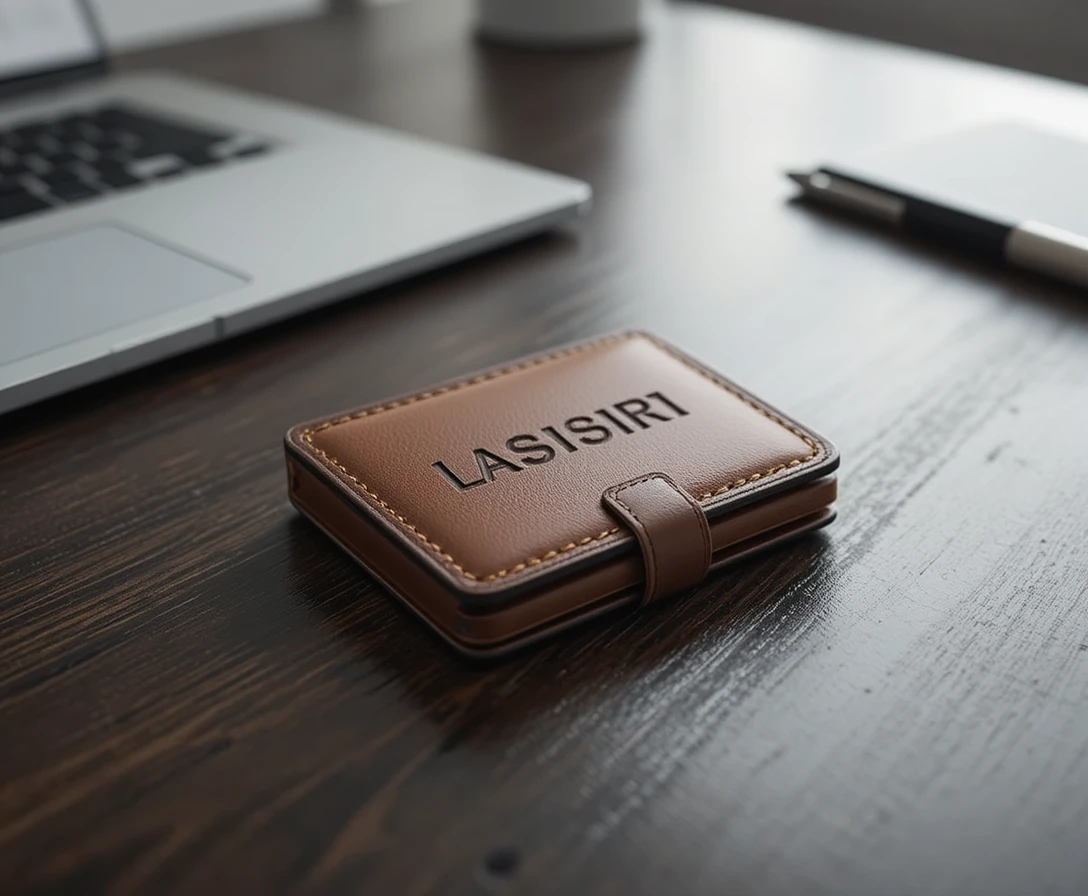 Porte-cartes de visite en cuir sur bureau de travail en bois sombre