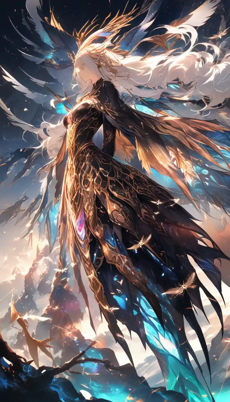 Fantasy creature in silk armor soaring above deep ravines