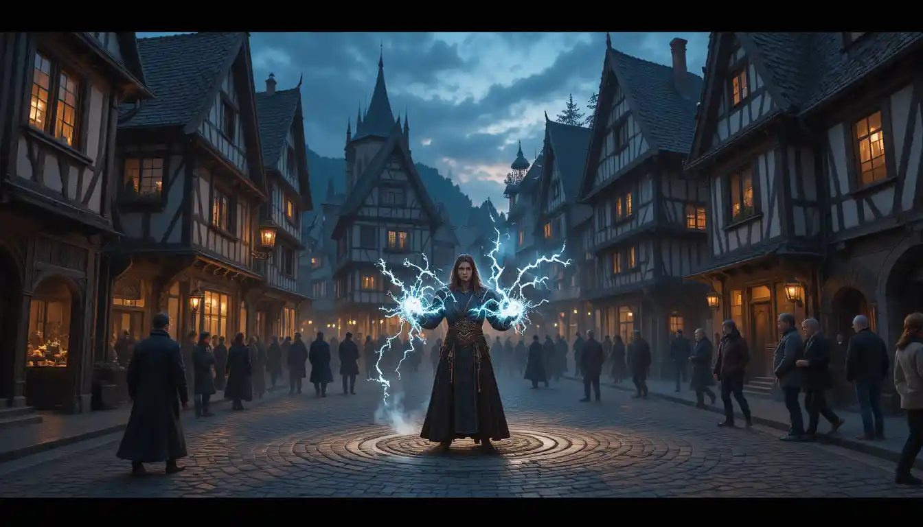 Mage Lançant un Sort dans la Place d’une Ville Fantastique au Crépuscule