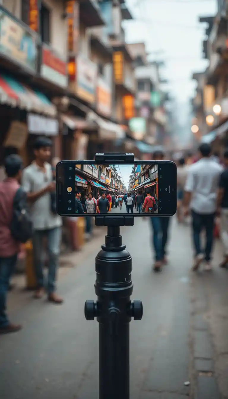 にぎやかなインドの市場で動画配信するサルのブイロガー