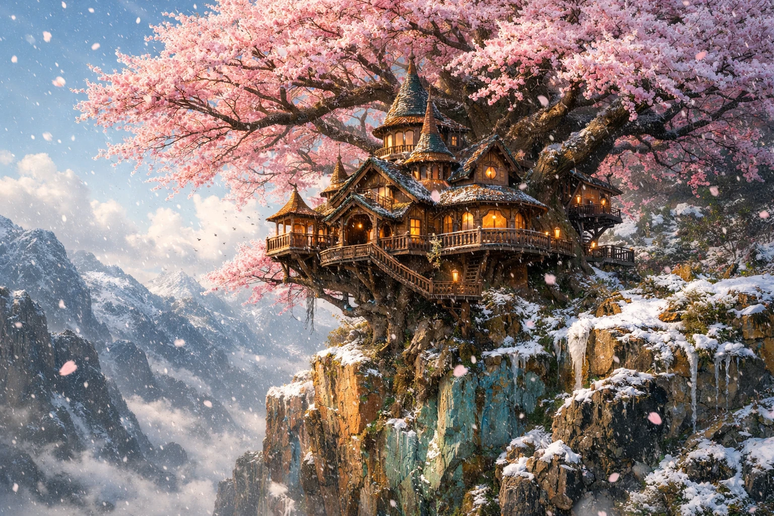 Prächtiges Baumhaus in einem gigantischen rosafarbenen Kirschbaum