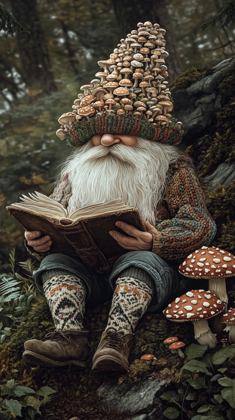 Forest gnome reading on a mossy rock among mushrooms