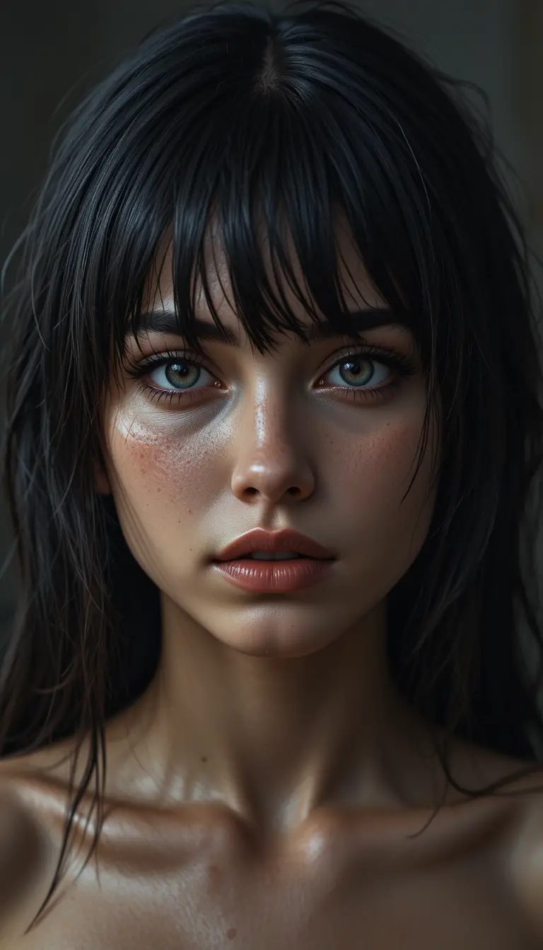 Sweating young woman portrait in dramatic rembrandt light