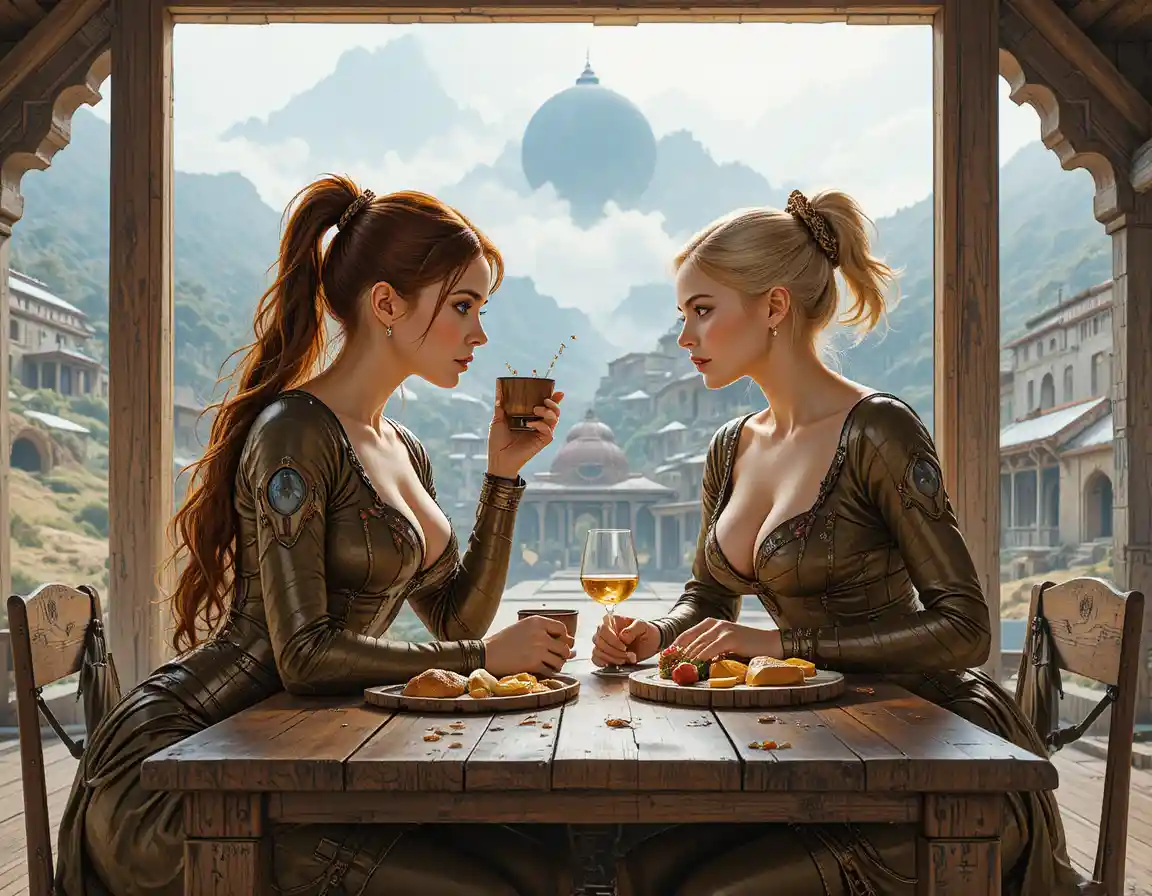 Two women sharing a rustic medieval meal at table