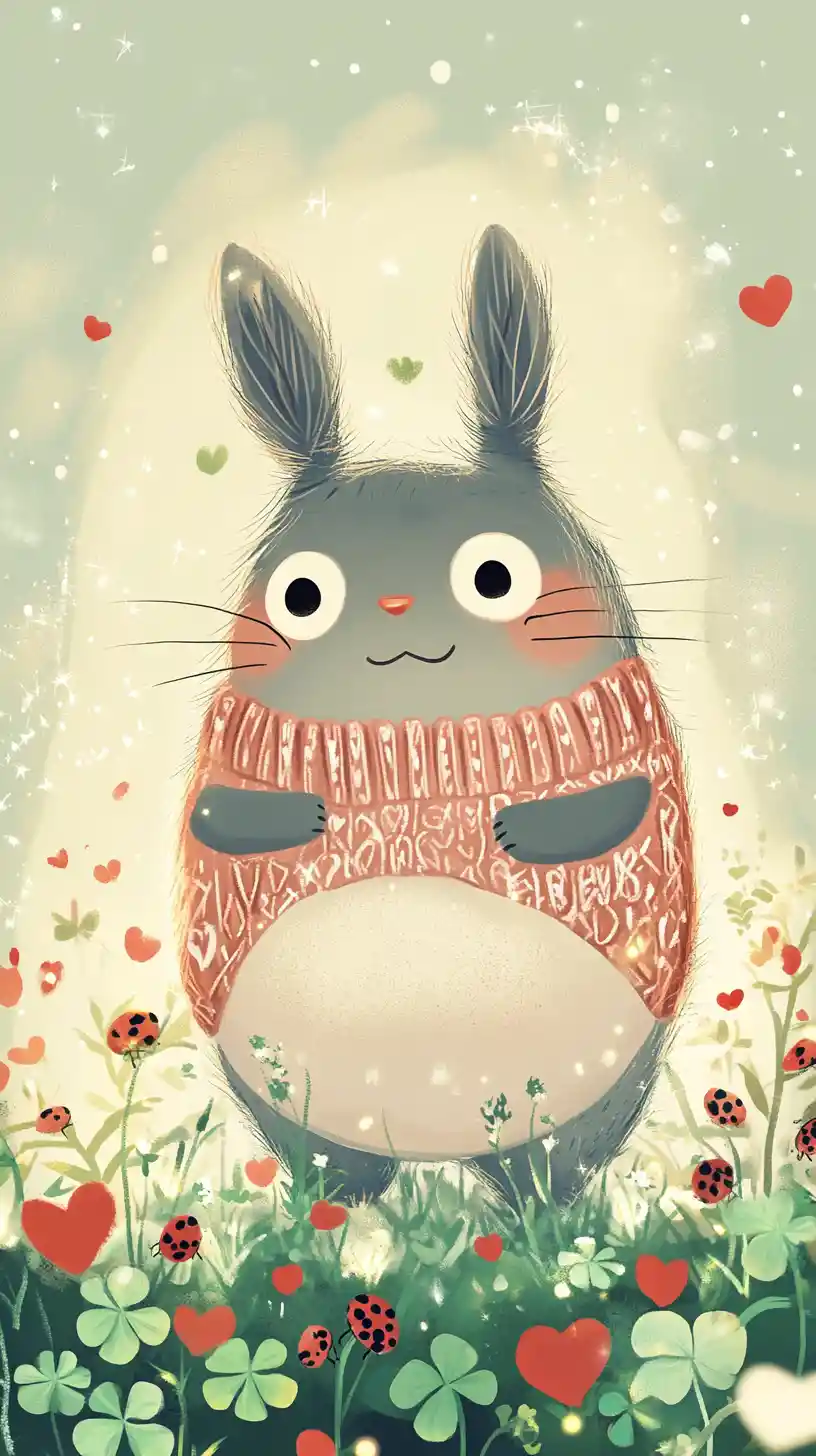 Cute cartoon totoro in shamrock meadow with hearts