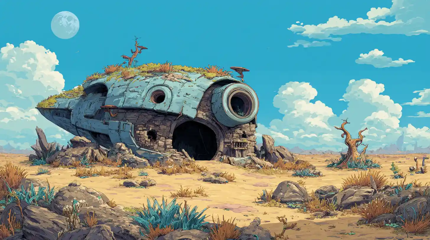 Ancient crashed spaceship towering over a vast arid desert