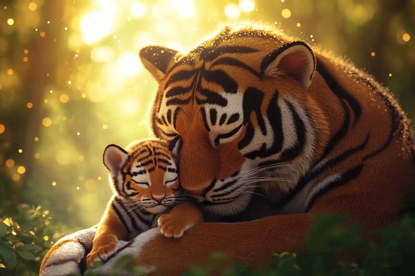 Mother tiger cuddling newborn cub in warm jungle light