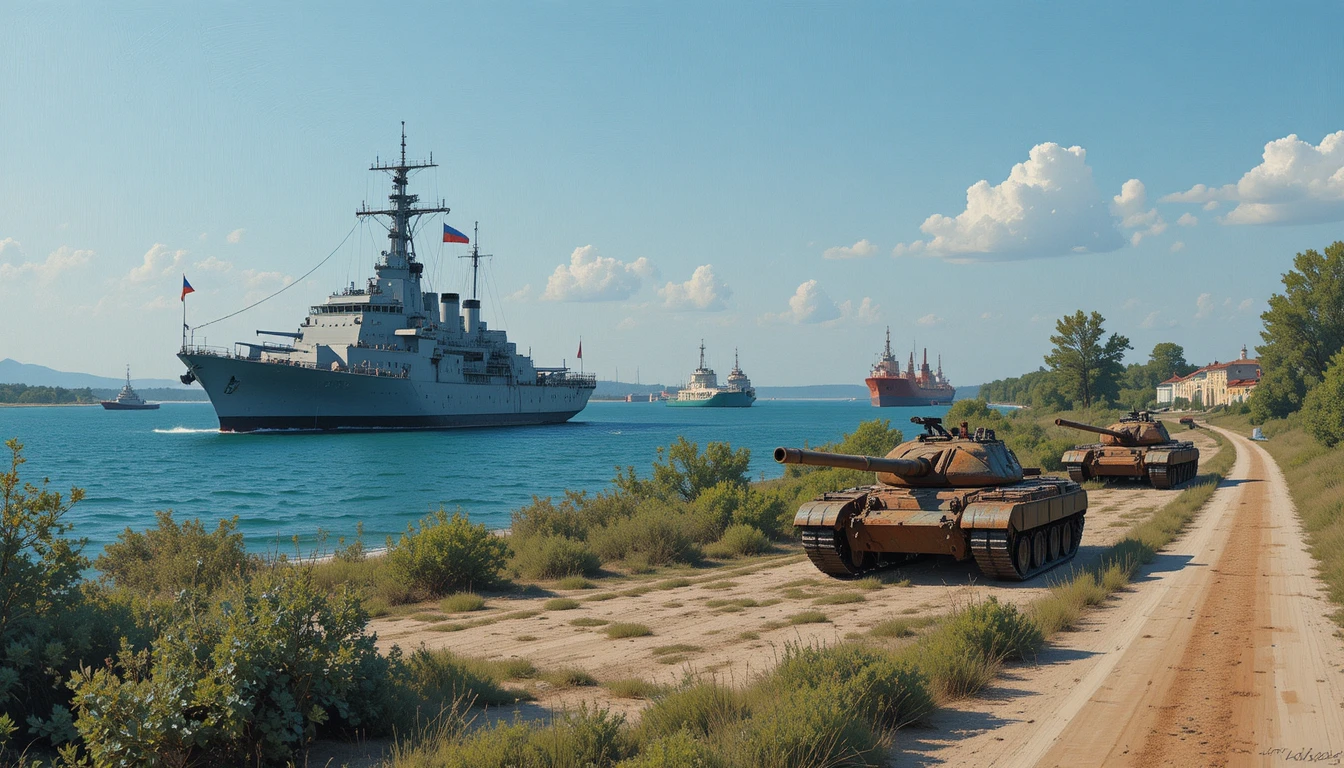 Russian naval destroyer escorted by tugboats on calm sea