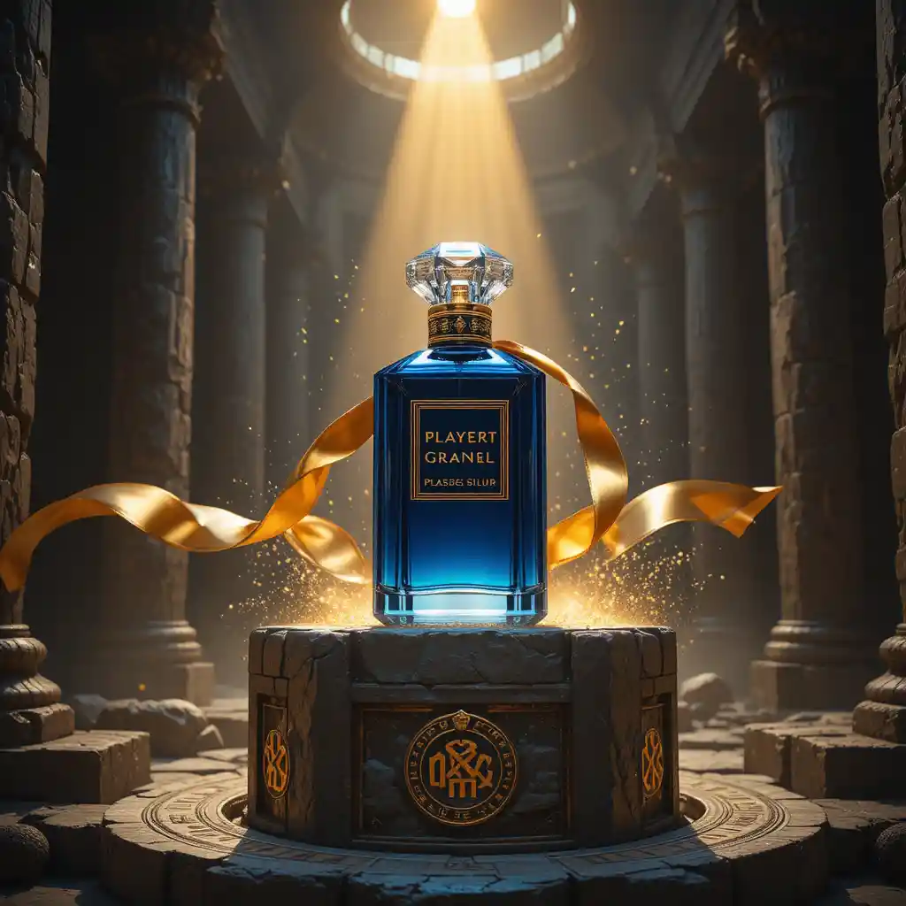 Luxury perfume bottle glowing inside ancient stone temple