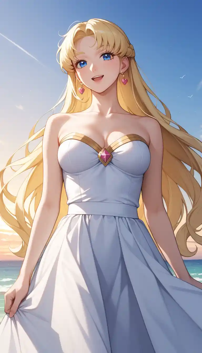 Smiling blonde anime girl at sunset in soft focus