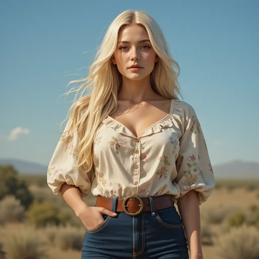Stylish woman in floral blouse and jeans full body portrait