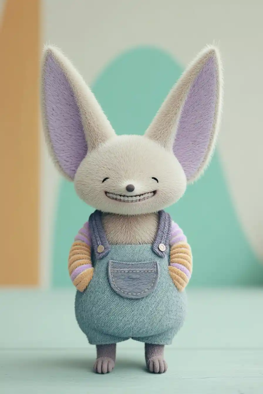 Cute fennec fox figurine in denim overalls smiling