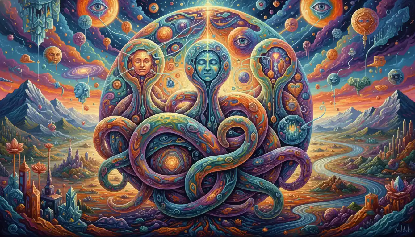 Psychedelic tentacled beings sharing dreams in altered reality