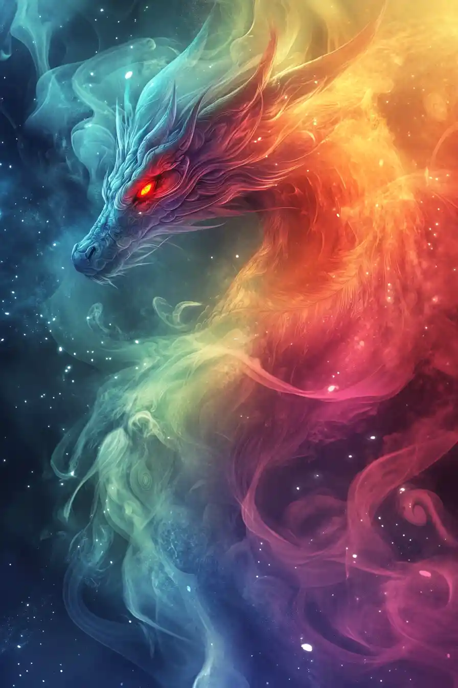 Rainbow Smoke Dragon With Glowing Red Eyes In Abstract Mist