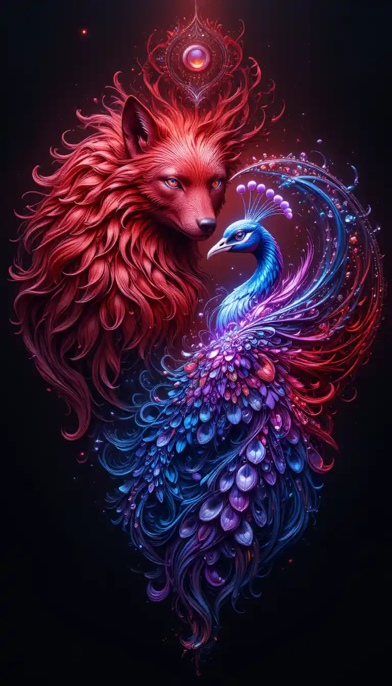 Illustrazione di cuore con lupo rosso e vibrazioni musicali fluide