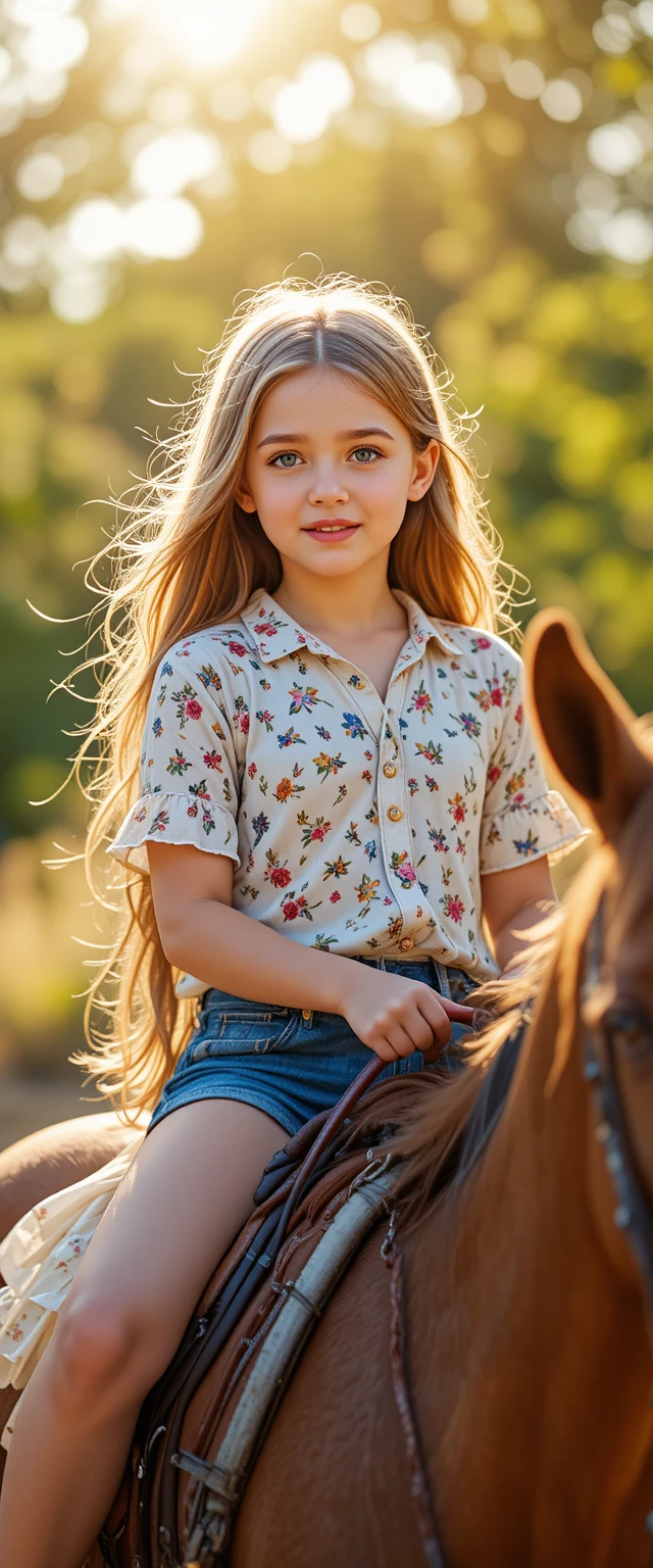 Niña joven montando un caballo marrón bajo un sol brillante