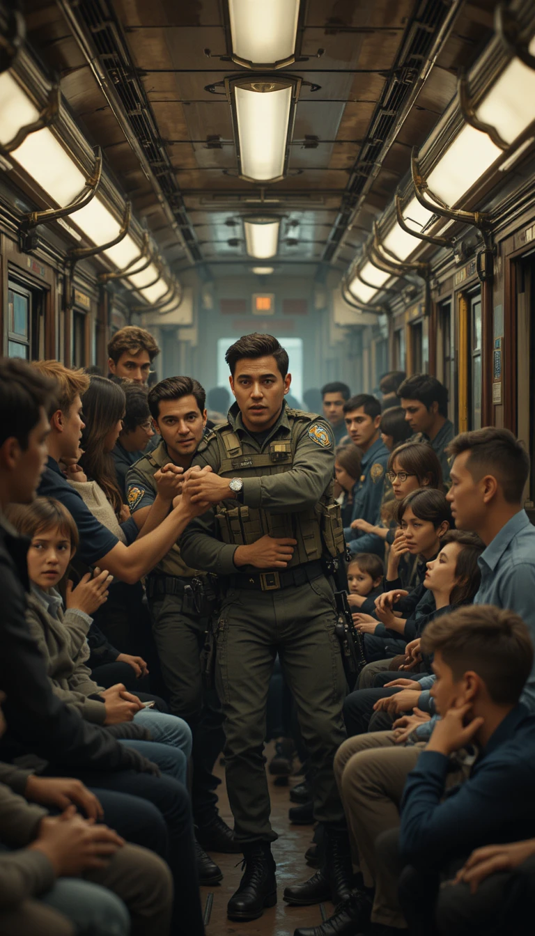 Young commando restrains man inside crowded train carriage