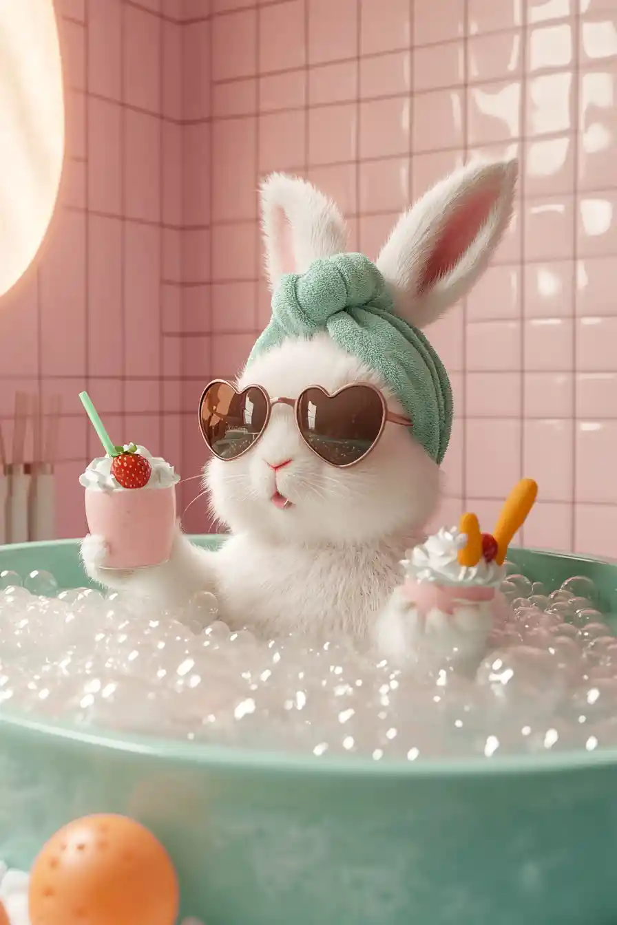 Cute white rabbit relaxing in a modern bubble bath