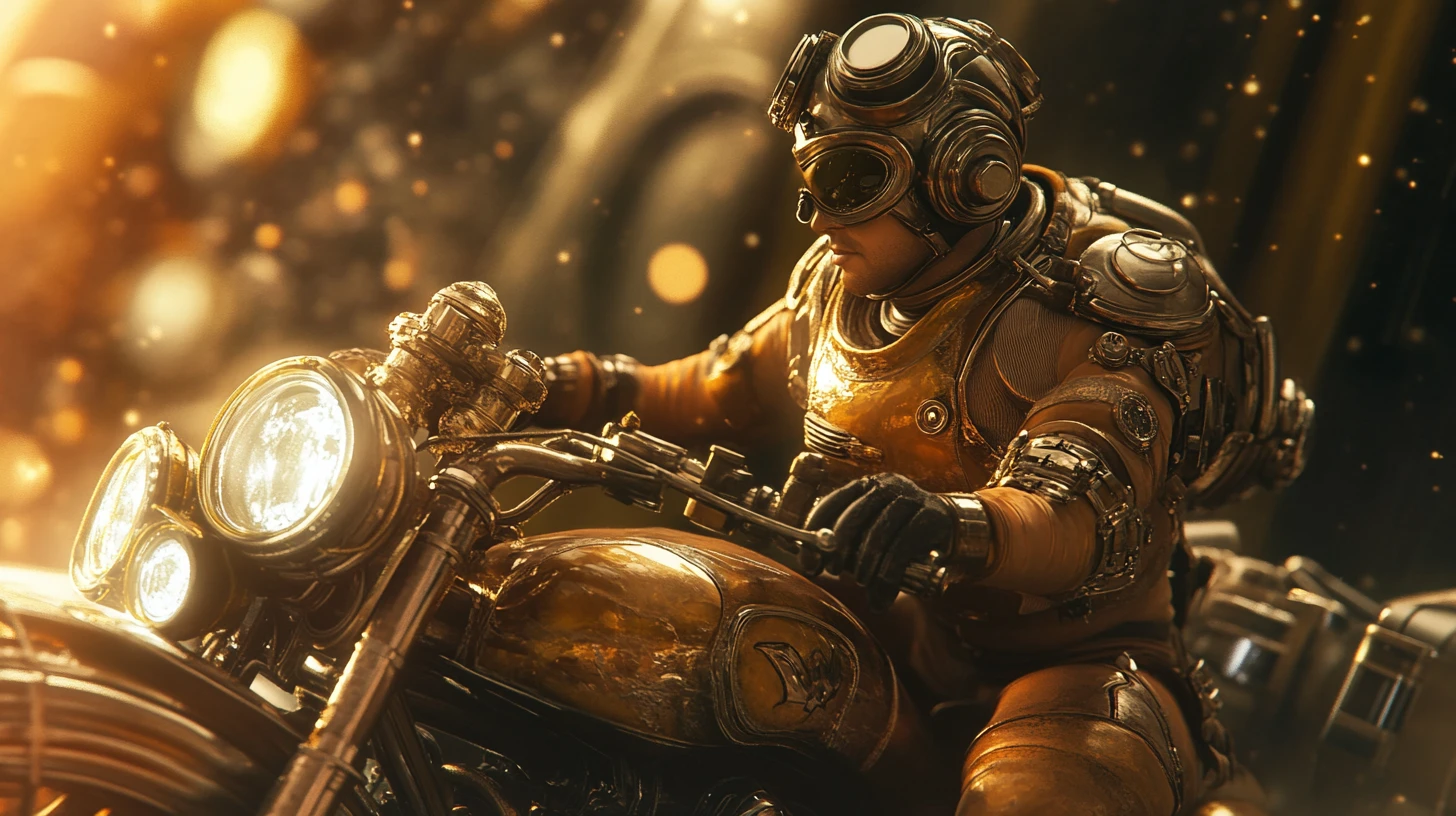 Motociclista steampunk corriendo por una autopista cósmica en luz dorada