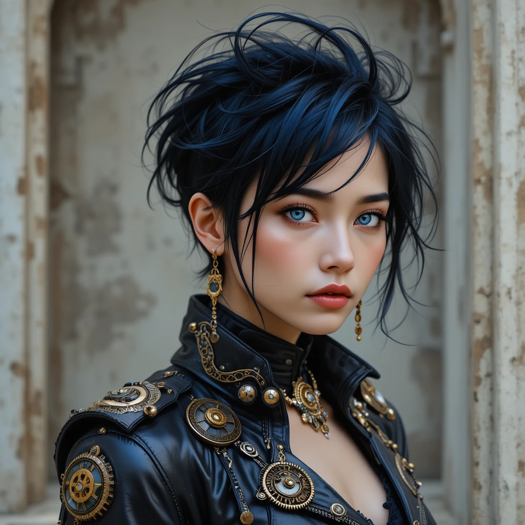 Freches Mädchen mit blauen Augen im Steampunk-Lederjacken-Porträt