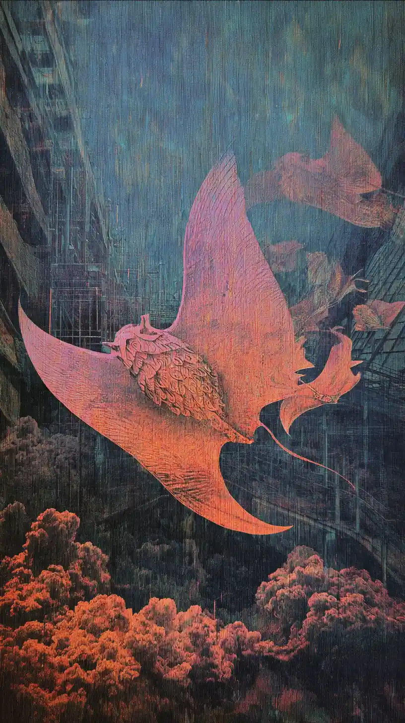 Translucent manta rays drift through an abandoned subway station