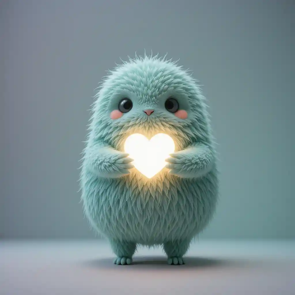 Mint green fuzzy creature holding a glowing heart