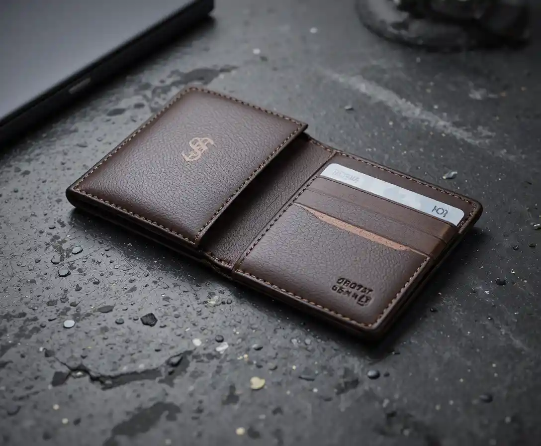 Classic leather wallet on textured charcoal desktop surface