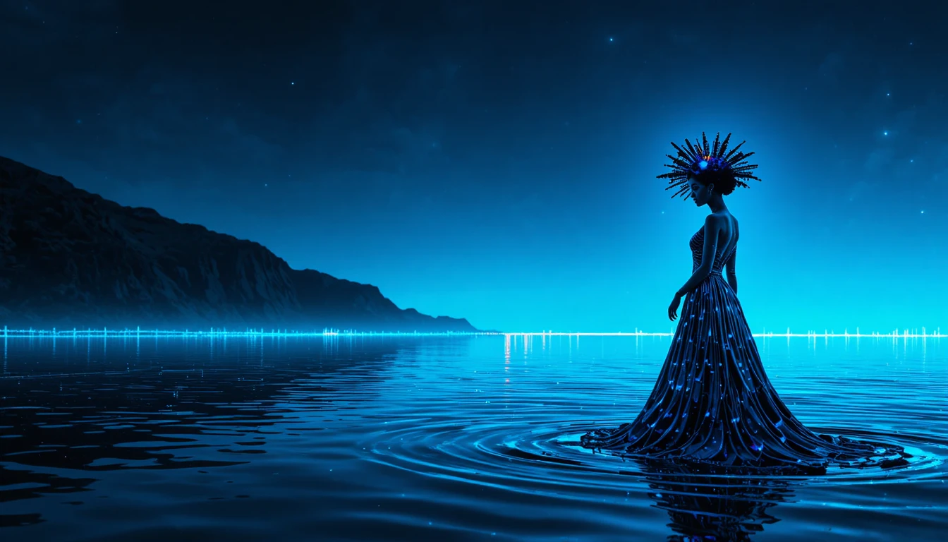 Calma marina blu neon con scura silhouette costiera