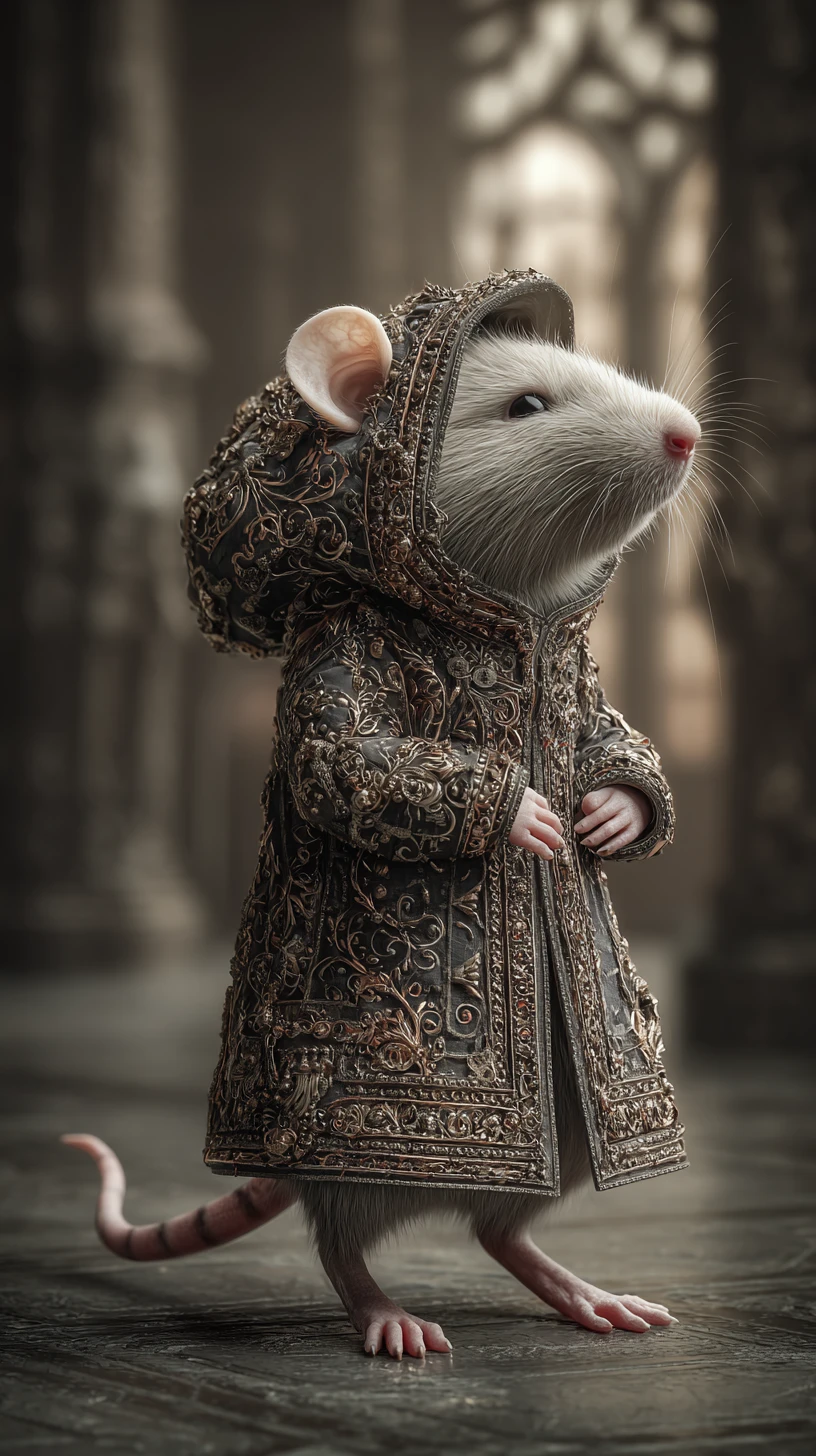 Rata adorable con sudadera ornamentada en una escena urbana gótica