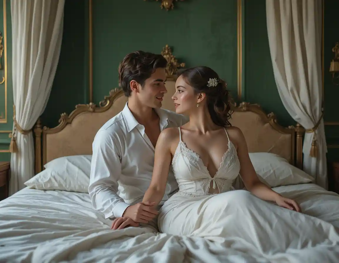 Young couple embracing on a luxurious canopy bed