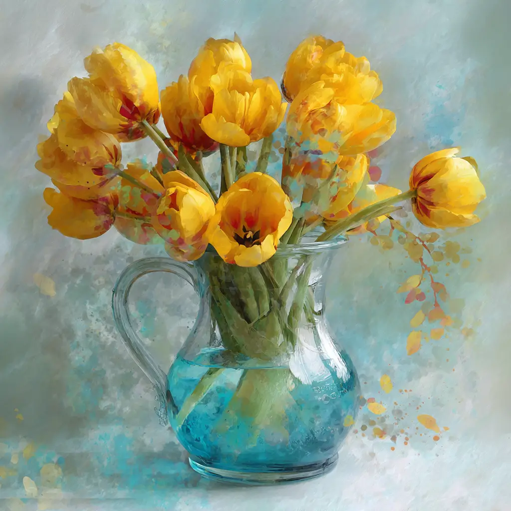 Golden Tulips In Glass Pitcher On Rustic Teal Wood