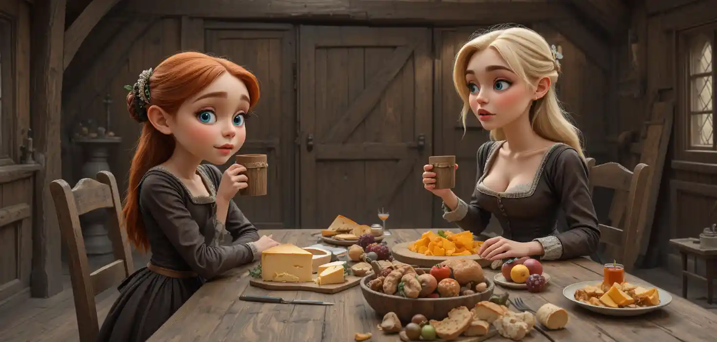 Medieval women sharing drinks at a rustic wooden table
