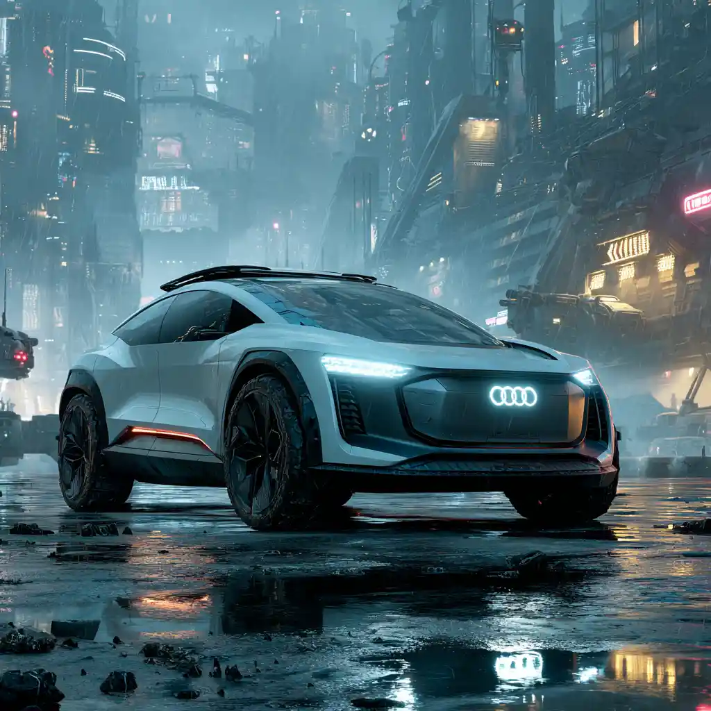 Futuristic Audi SUV In A Dystopian Sci Fi Metropolis