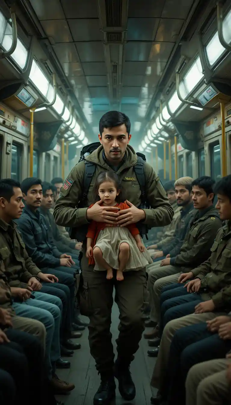 Young commando protects his sister in a tense train carriage