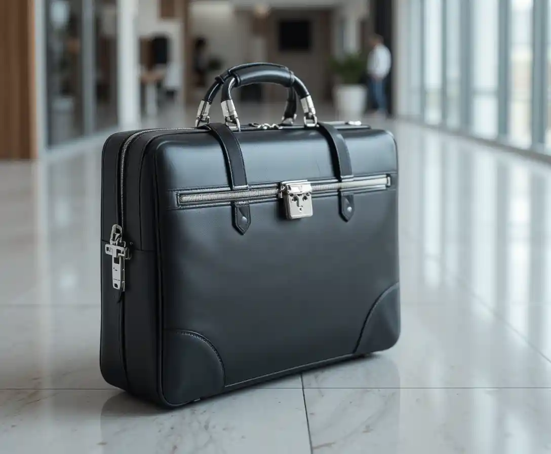 Black Leather Briefcase On Floor In Modern Office Interior