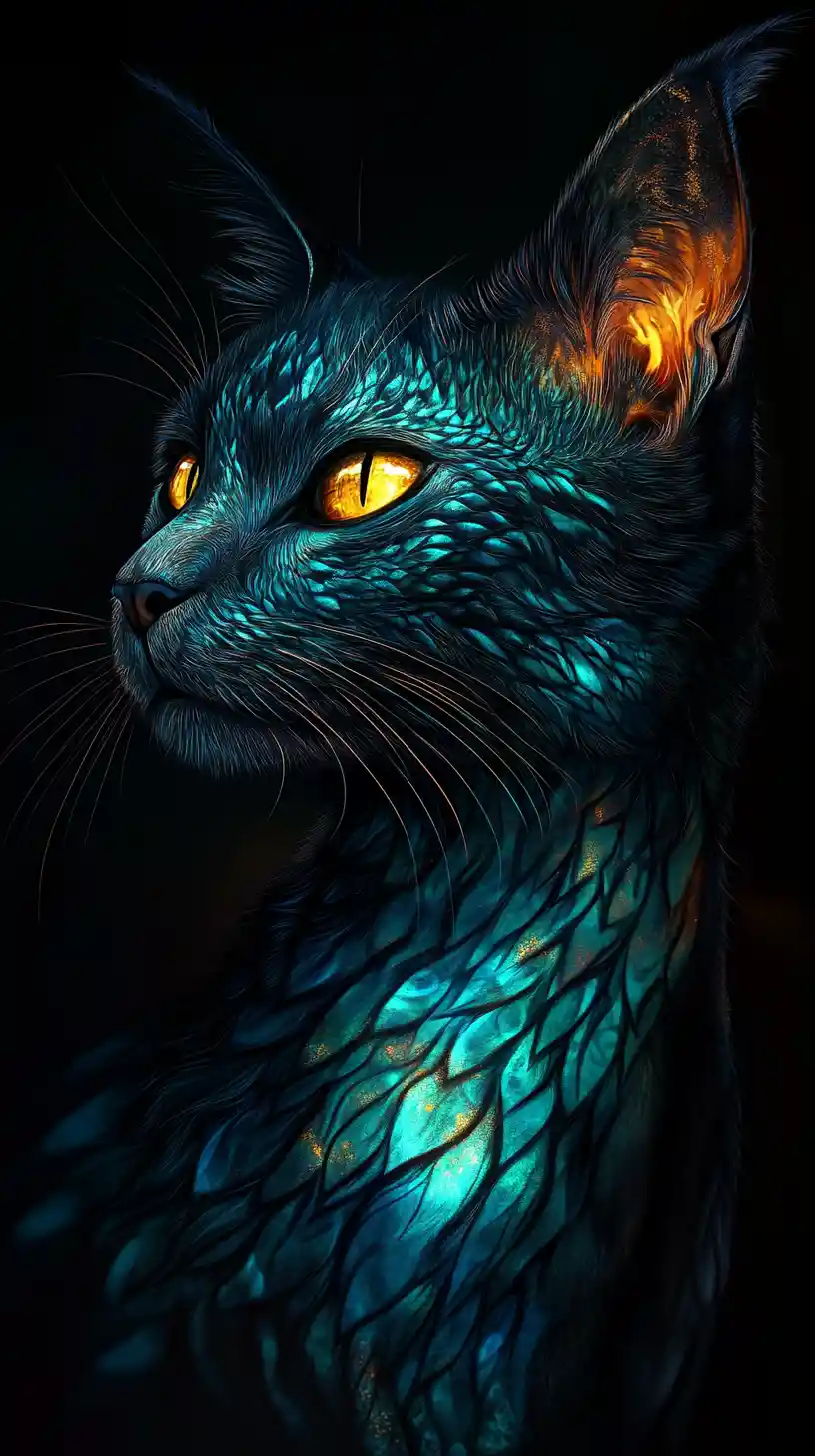 Drachenähnliche Fantasy-Katze mit leuchtenden türkisfarbenen Schuppen
