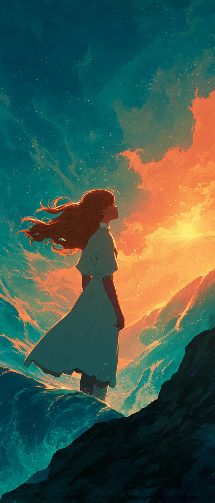 Anime girl at sunset on a lonely ocean cliff