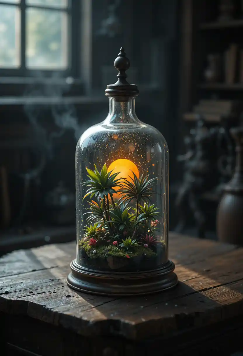 Terrario de vidrio antiguo sobre mesa de madera oscura a la luz de la ventana