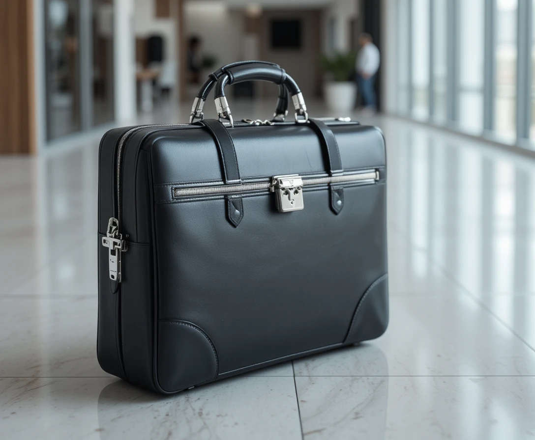 Black Leather Briefcase On Floor In Modern Office Interior