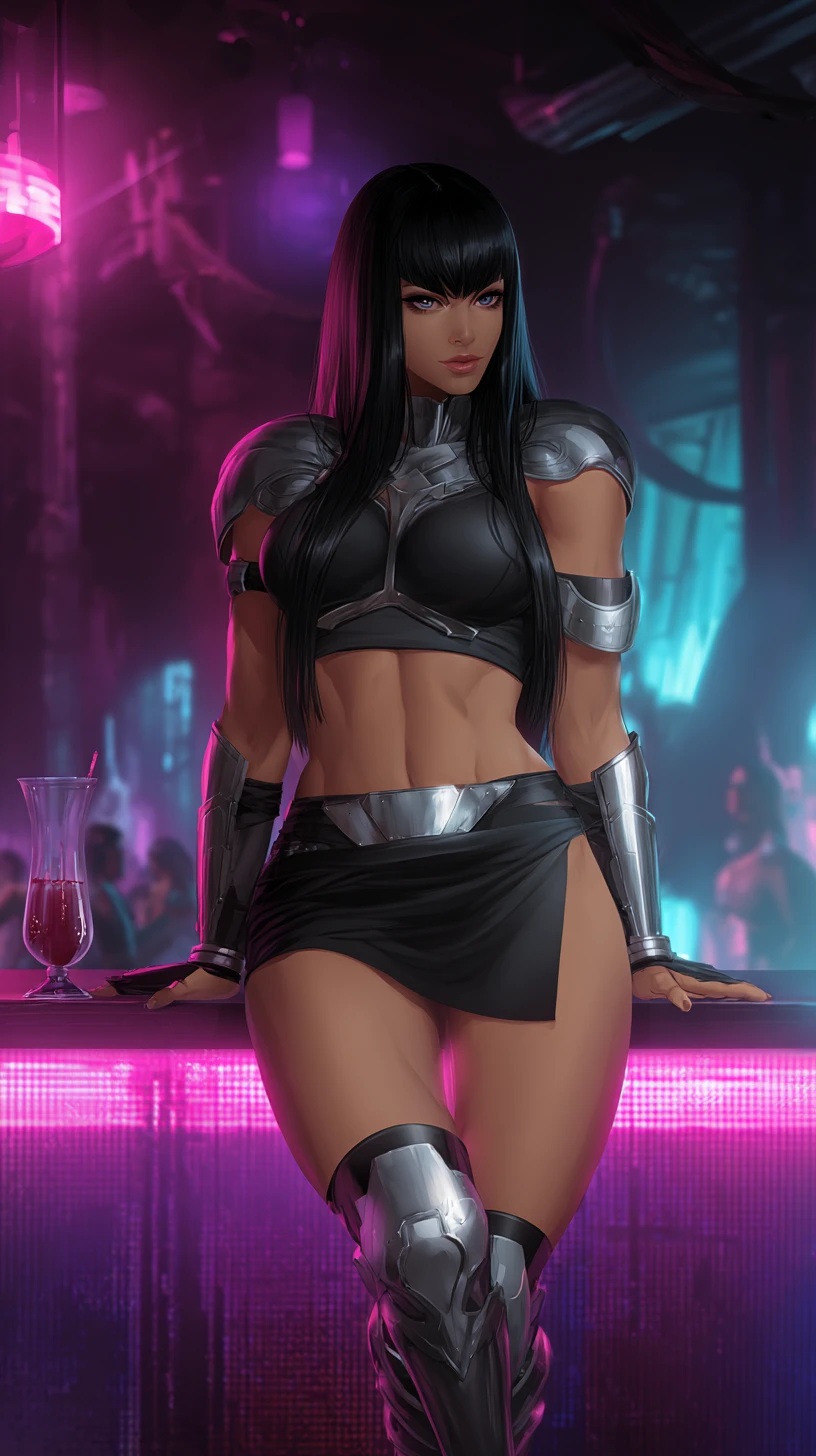 Alien warrior princess in neon dystopian nightclub