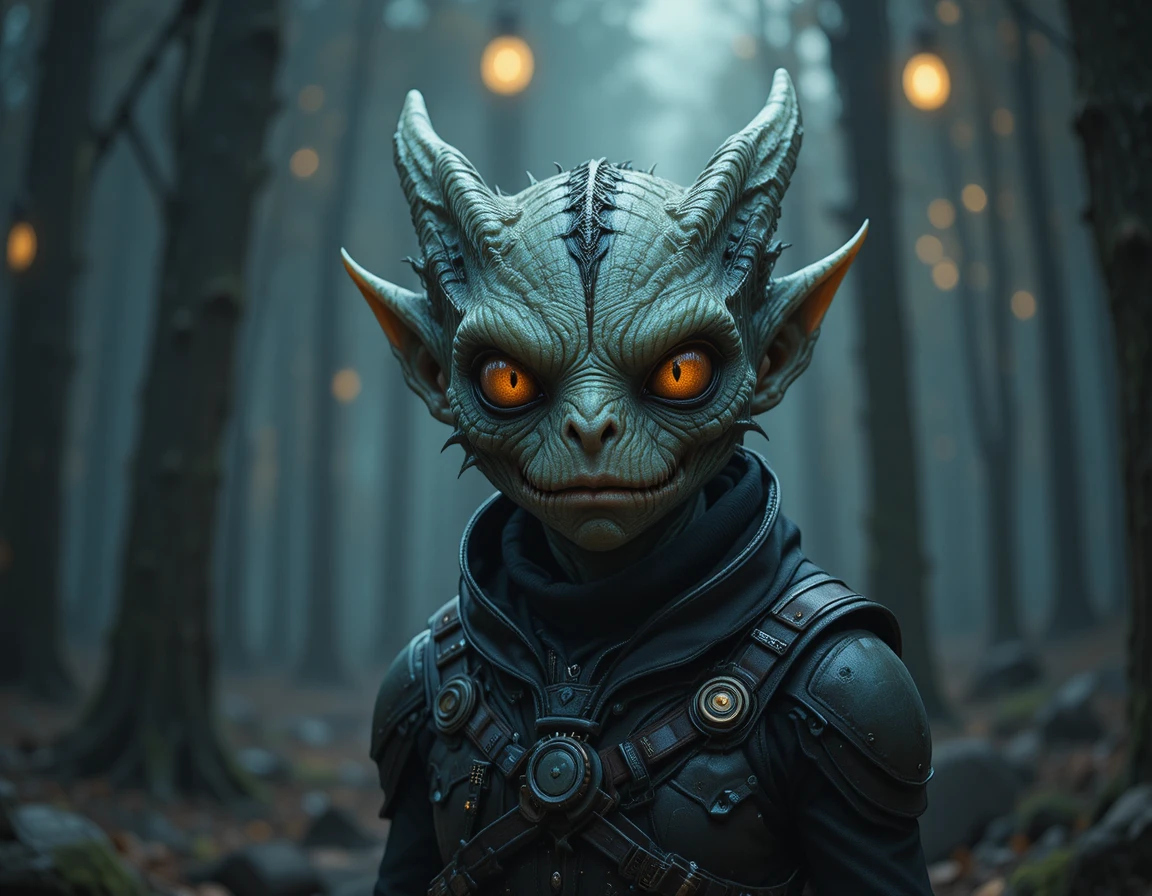 Monstruo verde acorazado acechando en un bosque oscuro y siniestro