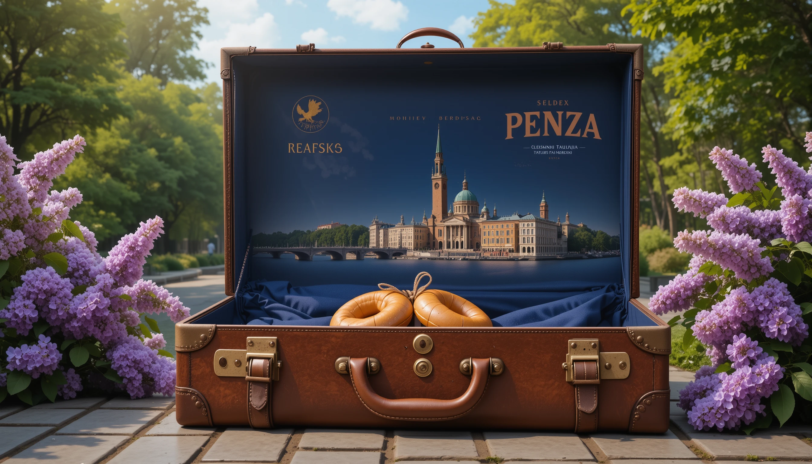 Vintage-Koffer mit Stadtansicht von Penza und Reisestickern