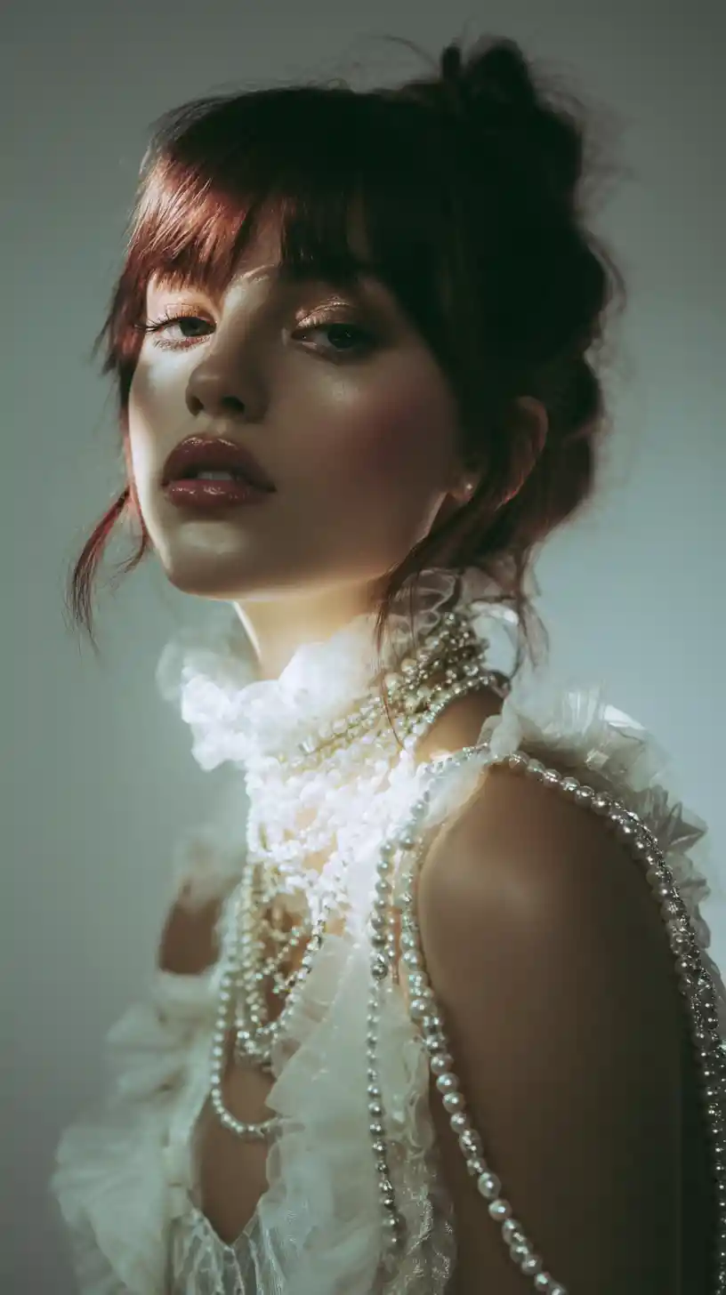Pearlescent porcelain fashionista in reflective gemstone elegance