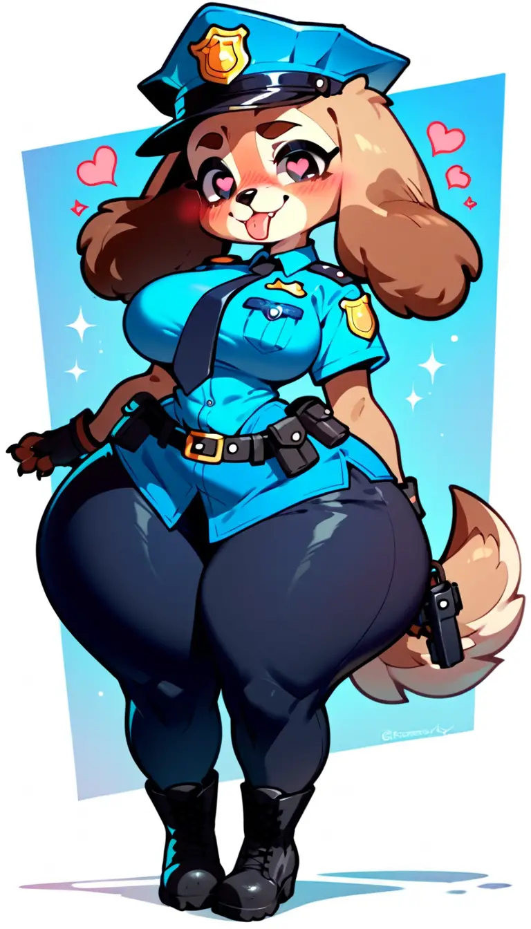Chica perro policía chibi con curvas enormes y ojos de corazón
